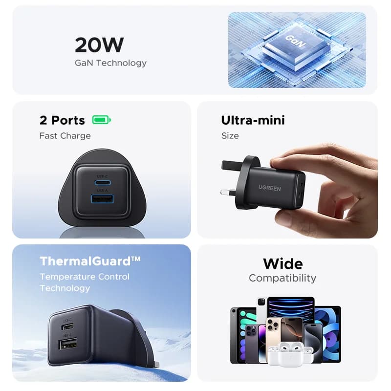 Carregador de Parede GaN USB-C 20W, Plug EUA