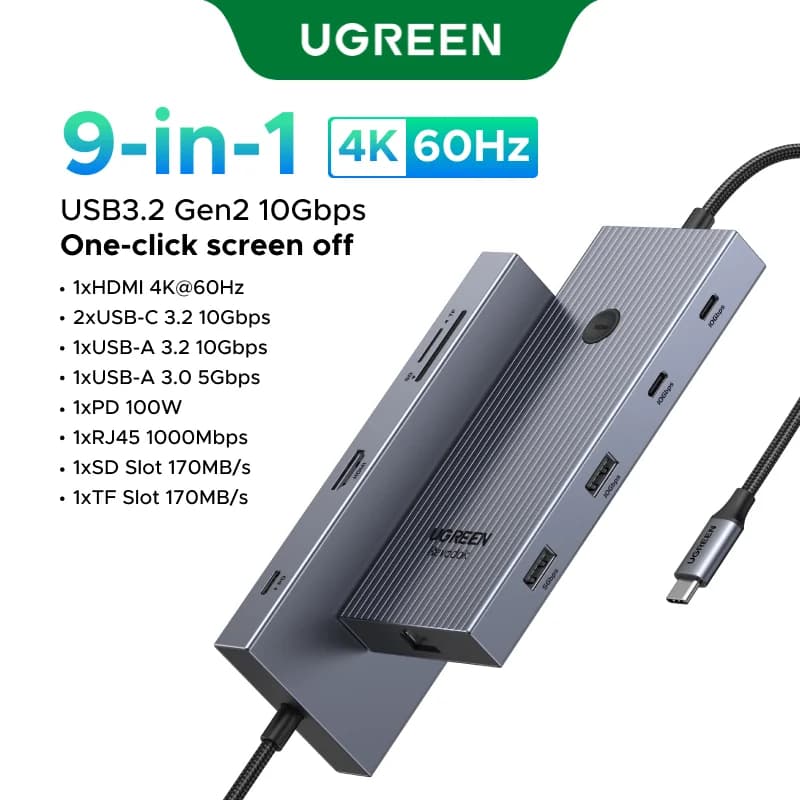 Hub USB-C com HDMI 4K, Dados 10Gbps e Botão de Bloqueio de Tela
