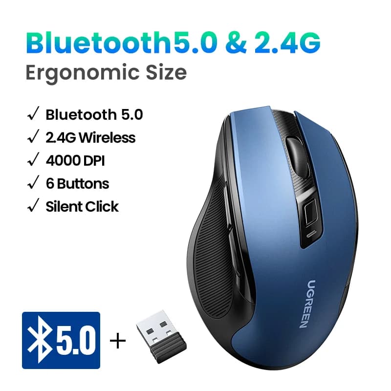 Mouse Sem Fio Ergonômico, Bluetooth, 4000 DPI