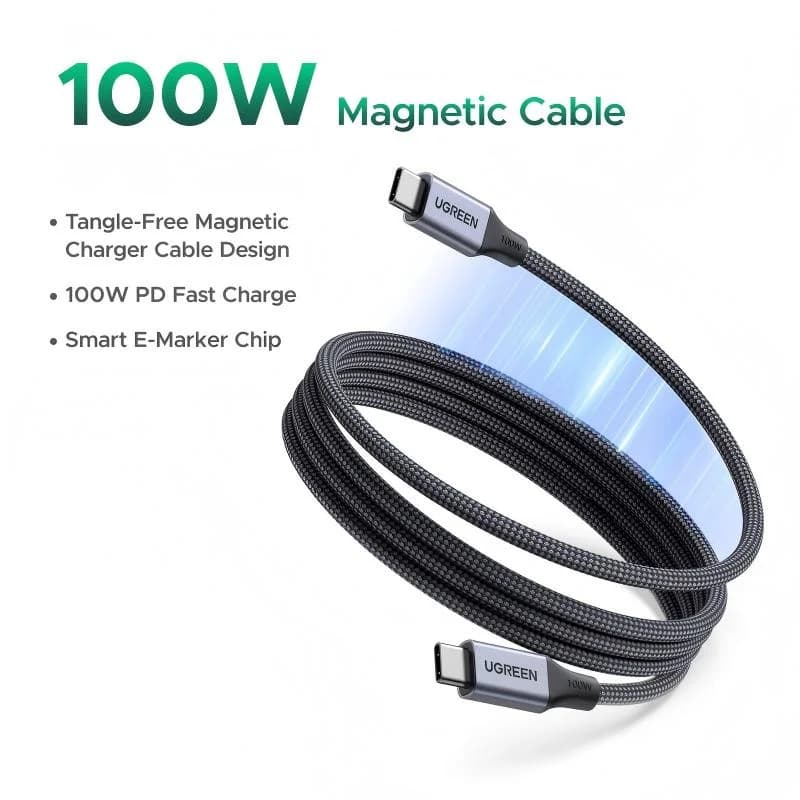 Cabo de Carregamento Rápido USB-C para USB-C Magnético 100W