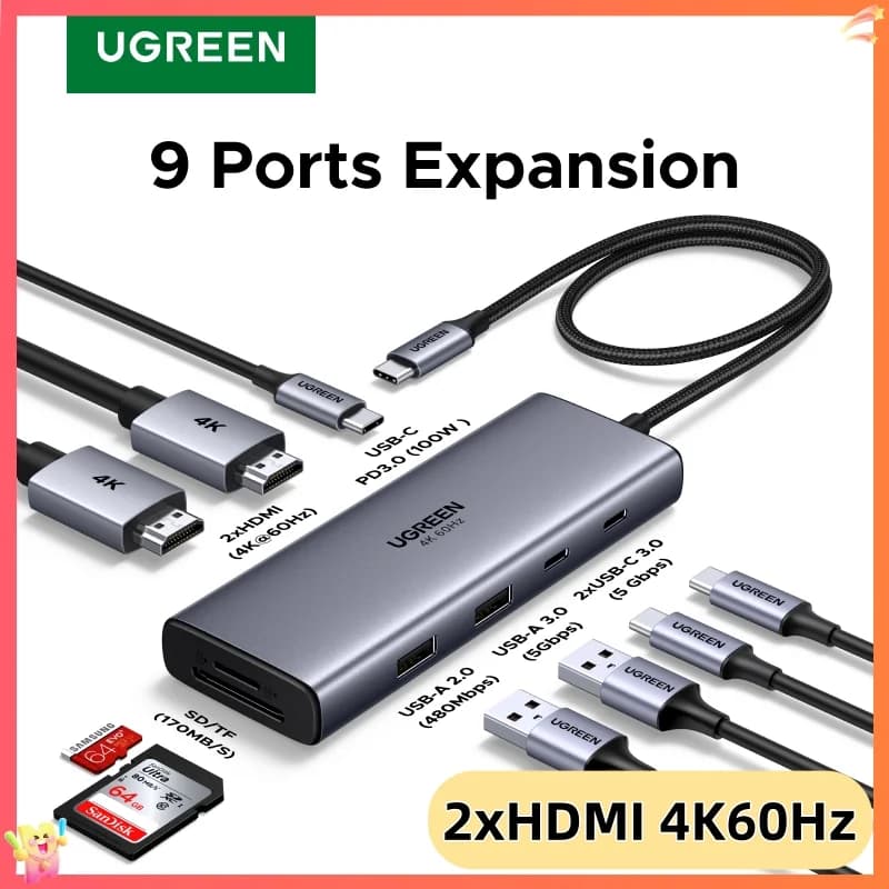 Hub USB-C 9-em-1 com Dupla Saída 4K HDMI e PD100W