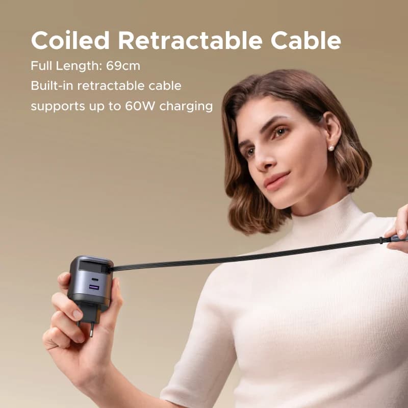 Carregador GaN 65W com Cabo USB-C Retrátil