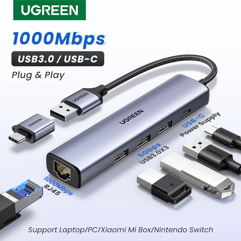 Adaptador Ethernet USB-C com RJ45 1000Mbps e Hub USB