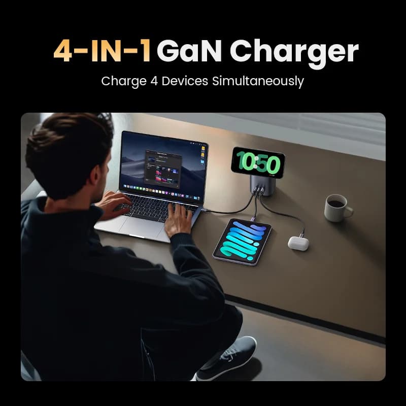 Carregador de Mesa GaN 65W com Suporte Sem Fio Qi2