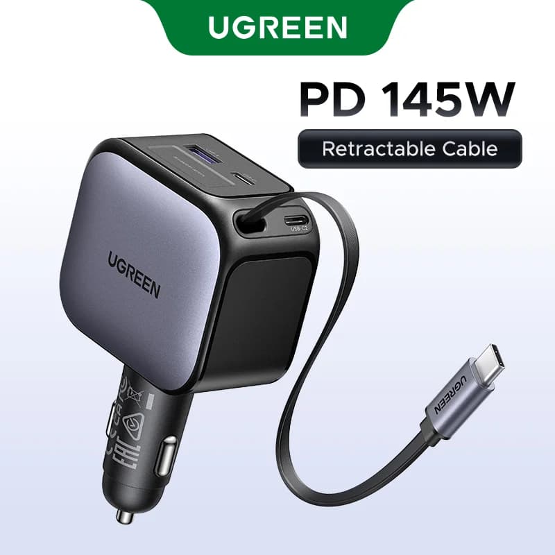 Carregador Automotivo de 145W com 3 Portas USB-C e Cabo Retrátil