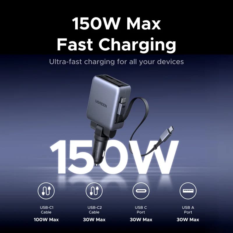 Carregador de Carro 150W com Cabos Retráteis