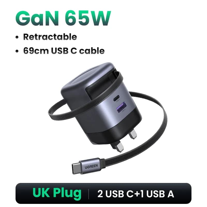Carregador GaN 65W com Cabo USB-C Retrátil