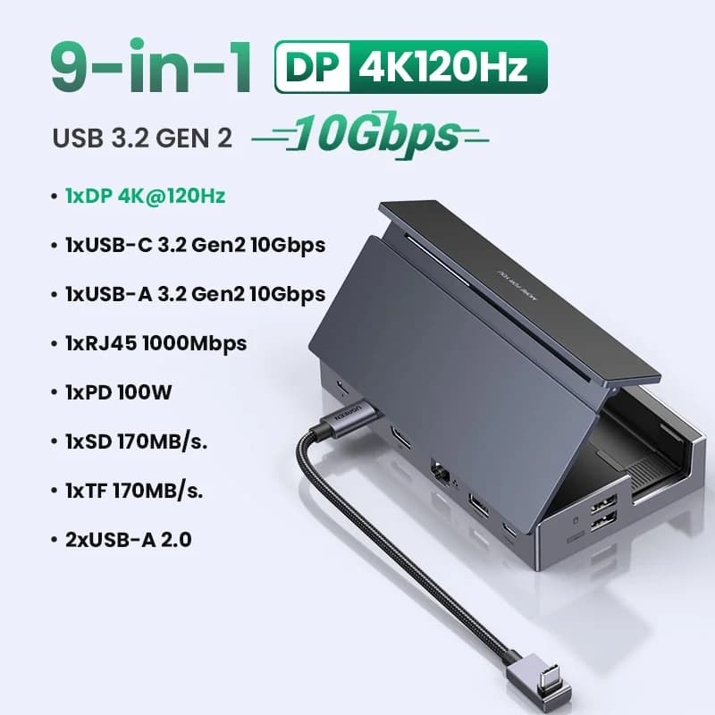 Estação de Acoplamento USB-C, 4K 120Hz, 10Gbps, PD 100W