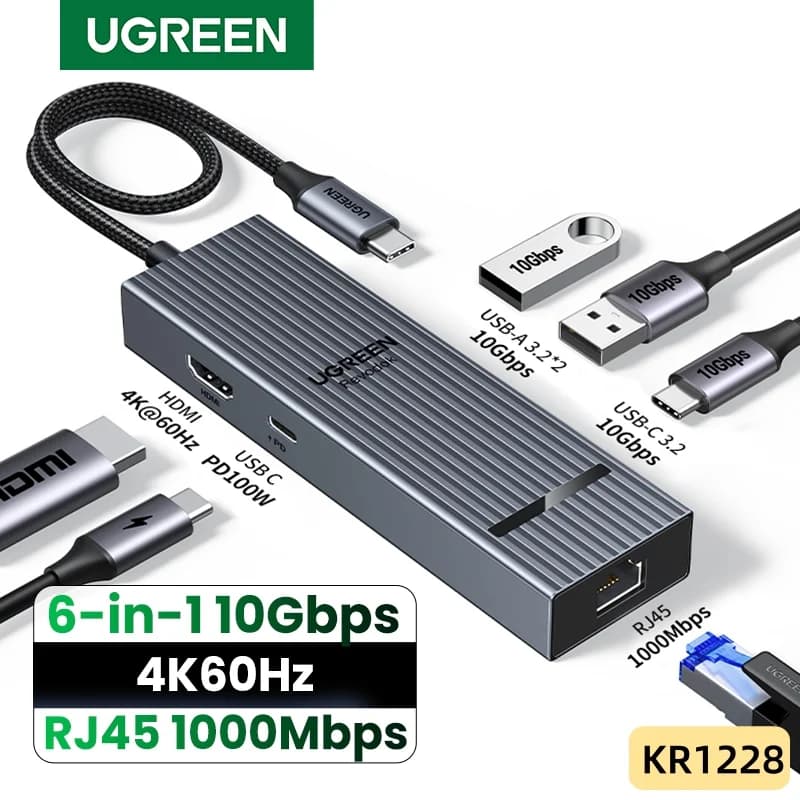 Hub USB-C 6 em 1, HDMI 4K, Gigabit Ethernet, PD 100W