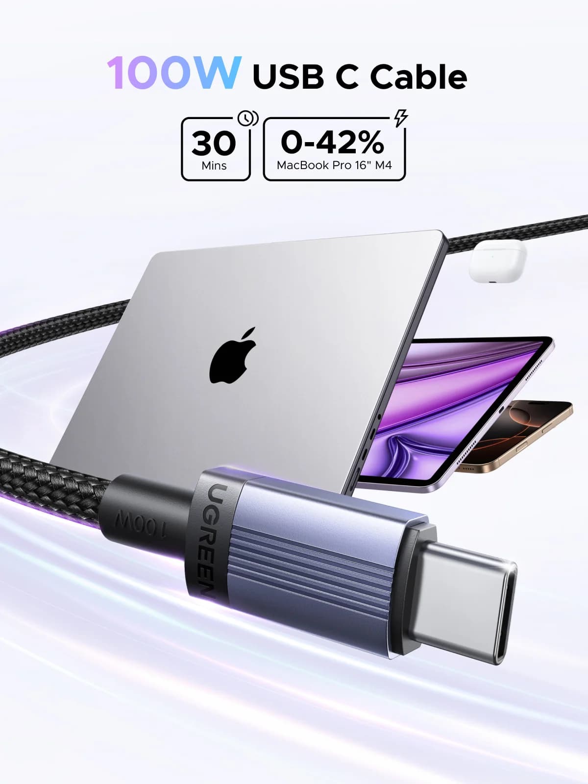 Cabo de Carregamento Rápido USB-C 100W, 5A