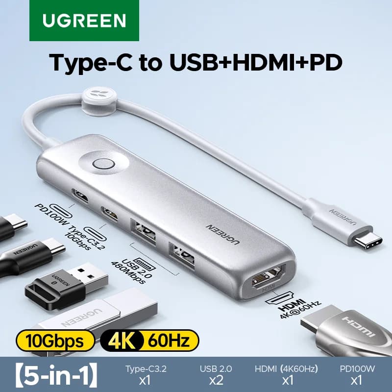 Hub USB-C 5 em 1, HDMI 4K, 10Gbps, PD100W