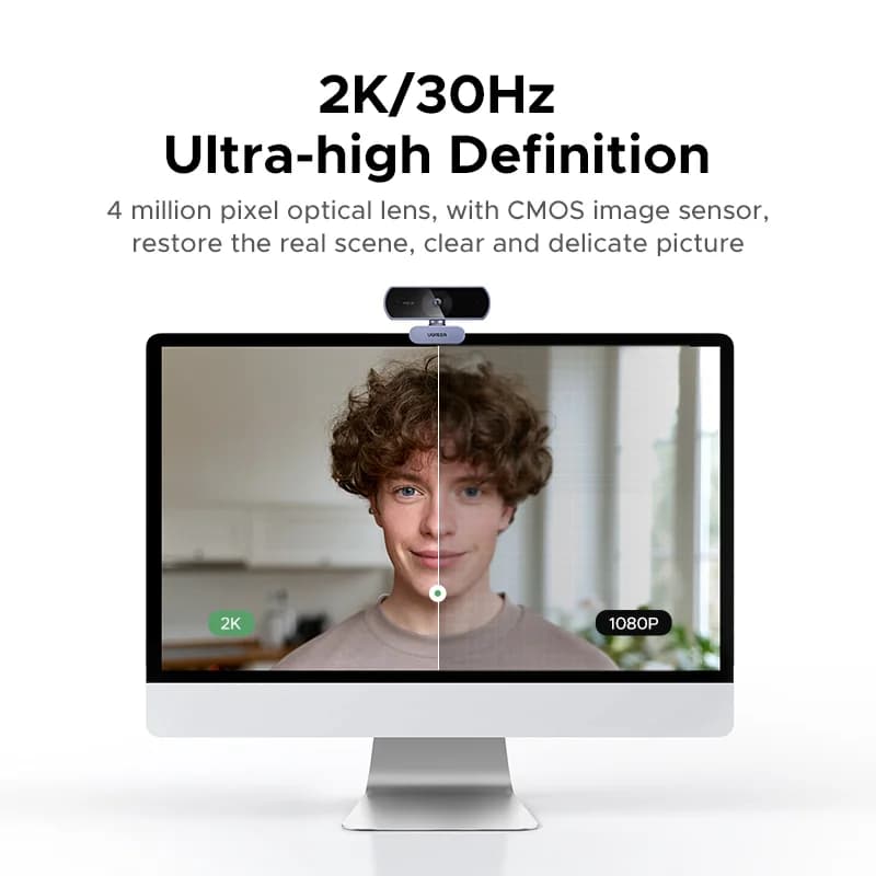 Webcam USB HD 2K com Correção Automática de Luz