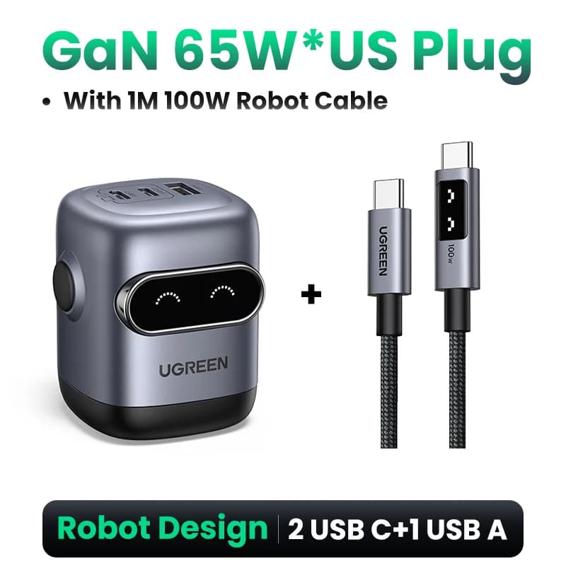 Carregador Rápido GaN 65W, Design Robô, Plugue US