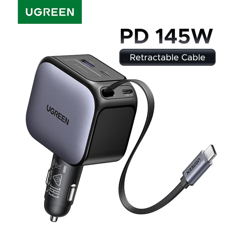 Carregador Automotivo USB-C 145W com Cabo Retrátil