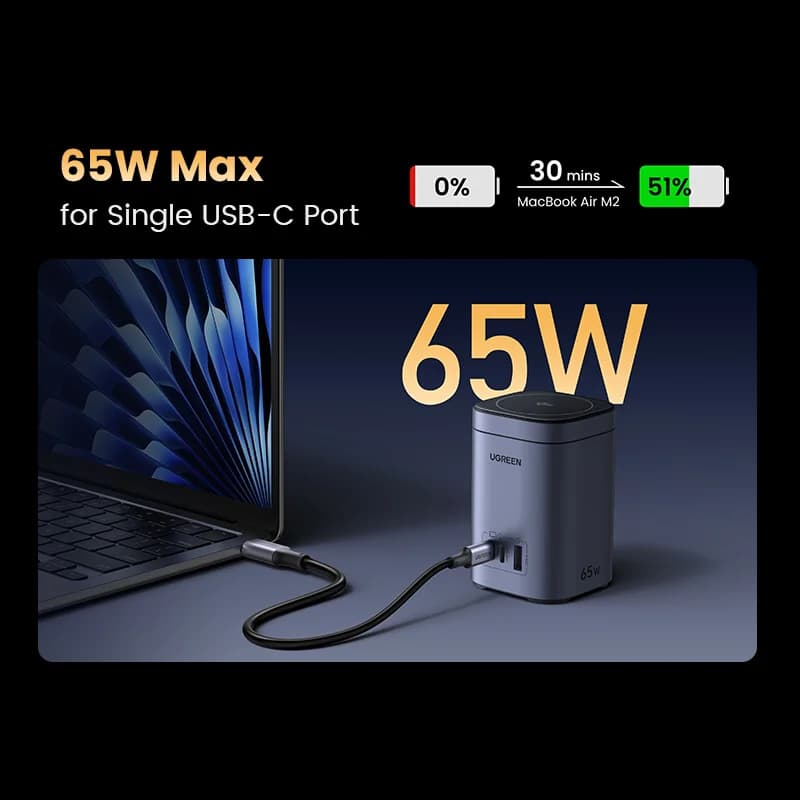 Carregador de Mesa GaN 65W com Suporte Sem Fio Qi2